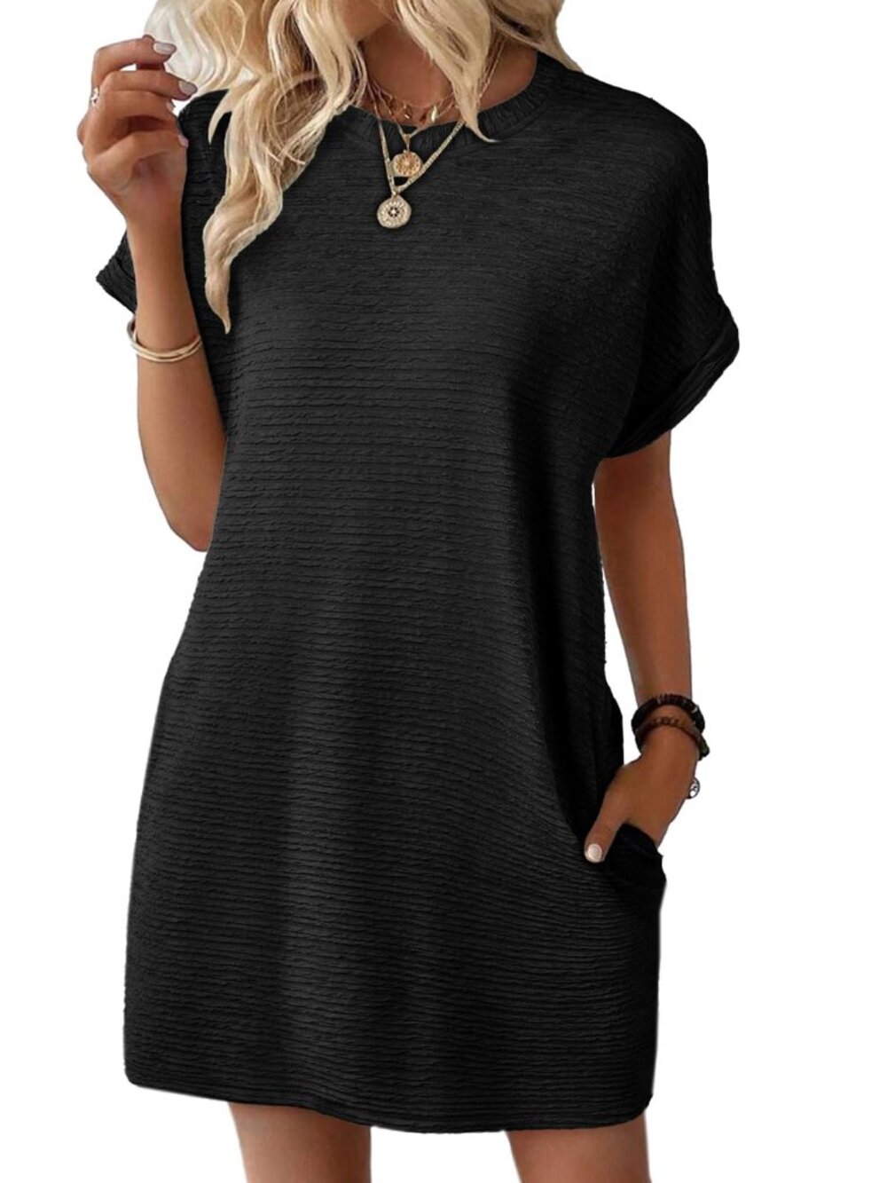 Evaless Women’s Black Relaxed Textured Short Sleeve Dress with Pockets